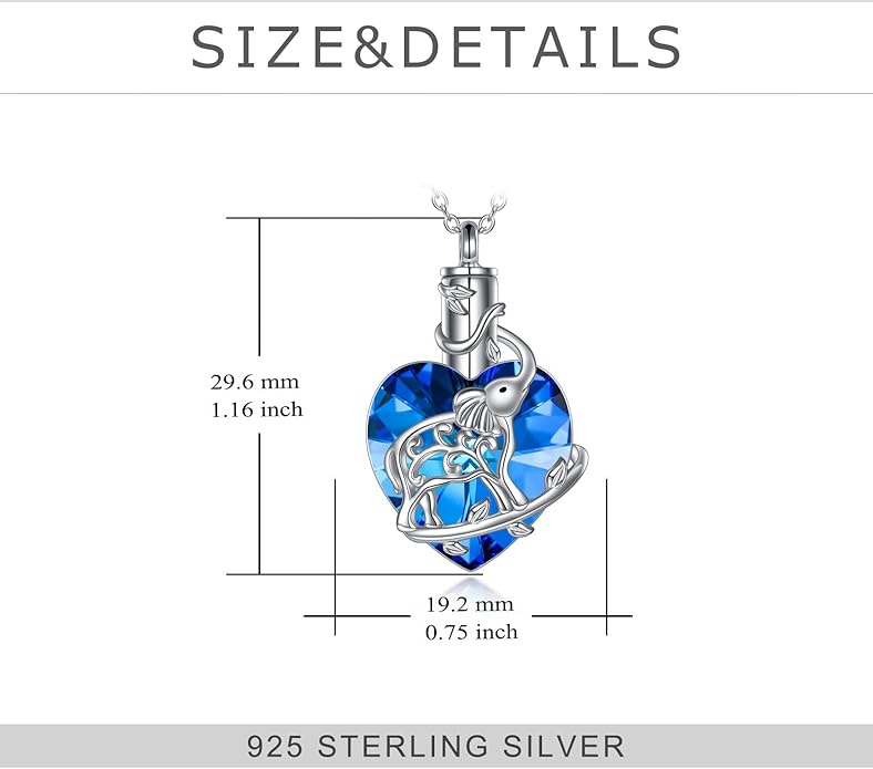 YFN Elephant Heart Crystal Urn Necklace for Ashes Cremation Jewelry Sterling Silver with Crystal Jewelry Gifts for Women