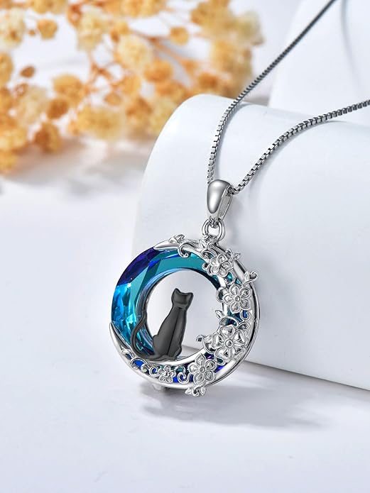 TOUPOP Cat Gifts for Women Sterling Silver Cat Necklaces with Circle Crystal Cat Lovers Jewelry Gifts for Women Girls Birthday Christmas