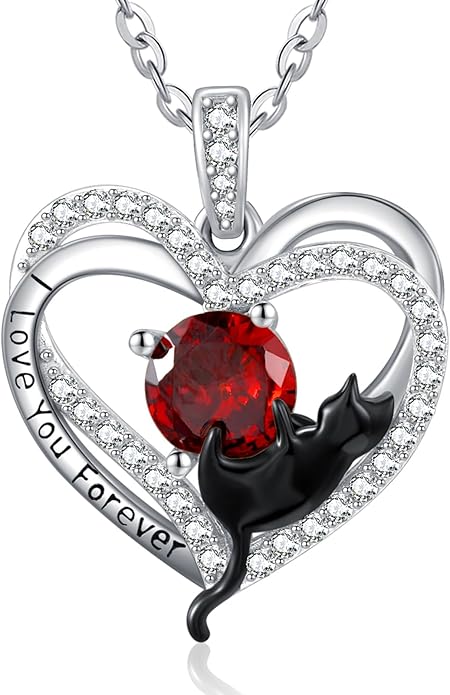 Birthstone Cat Necklaces,925 Sterling Silver Cat Necklace Heart Pendant for Women,Dainty Animal Jewelry for Her,Wedding Anniversary Birthday Gifts for Women Mom Grandma