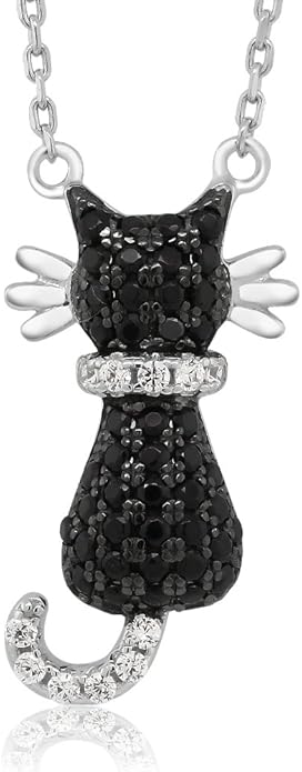 Gem Stone King 925 Sterling Silver Round Zirconia Sitting Black Cat Pendant Necklace For Women with 18 Inch Silver Chain