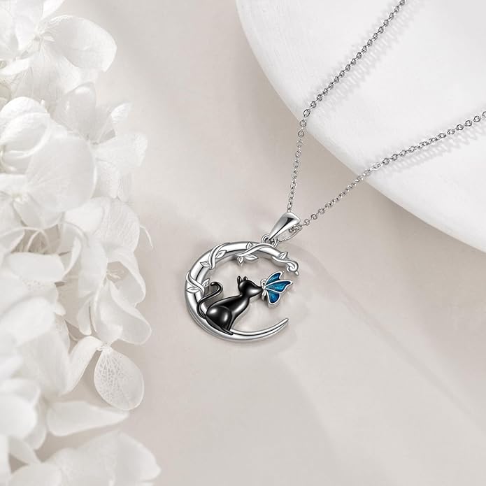 TIGER RIDER Moon Cat Necklace 925 Sterling Silver Blue Butterfly Black Jewelry Gifts Birthday Christmas Gifts for Women Wife Cat Lovers