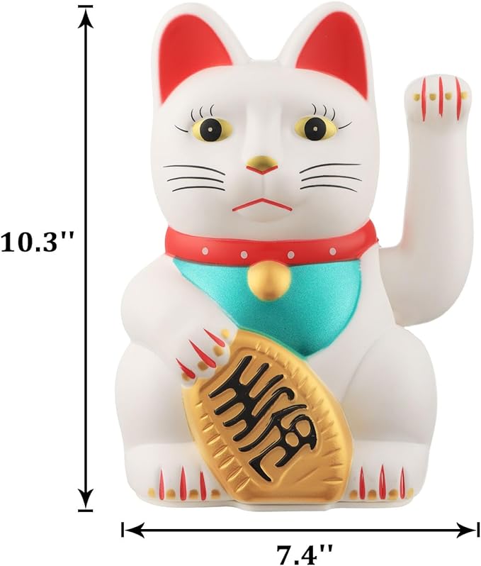 Gold/Black/White Maneki Neko Lucky Cat,Fengshui Cat- Waving Arm Battery Operated for Fortune Money and Good Luck (White, 10 in)