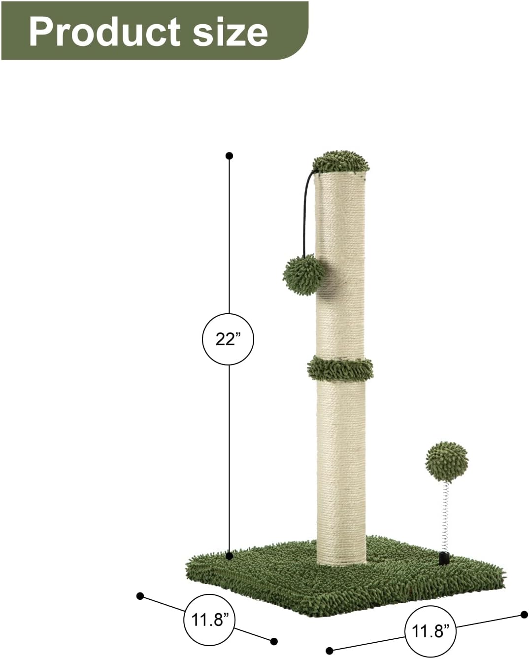MECOOL Cat Scratching Post Premium Basics Kitten Scratcher Sisal Scratch Posts with Hanging Ball 22in for Kittens or Smaller Cats, Cactus Green