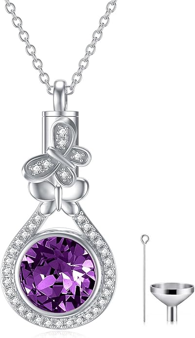 AOBOCO Butterfly Urn Necklace for Ashes 925 Sterling Silver Butterfly Cremation Jewelry Memorial Keepsake Pendant with 12 Months Birthstone Crystal from Austria