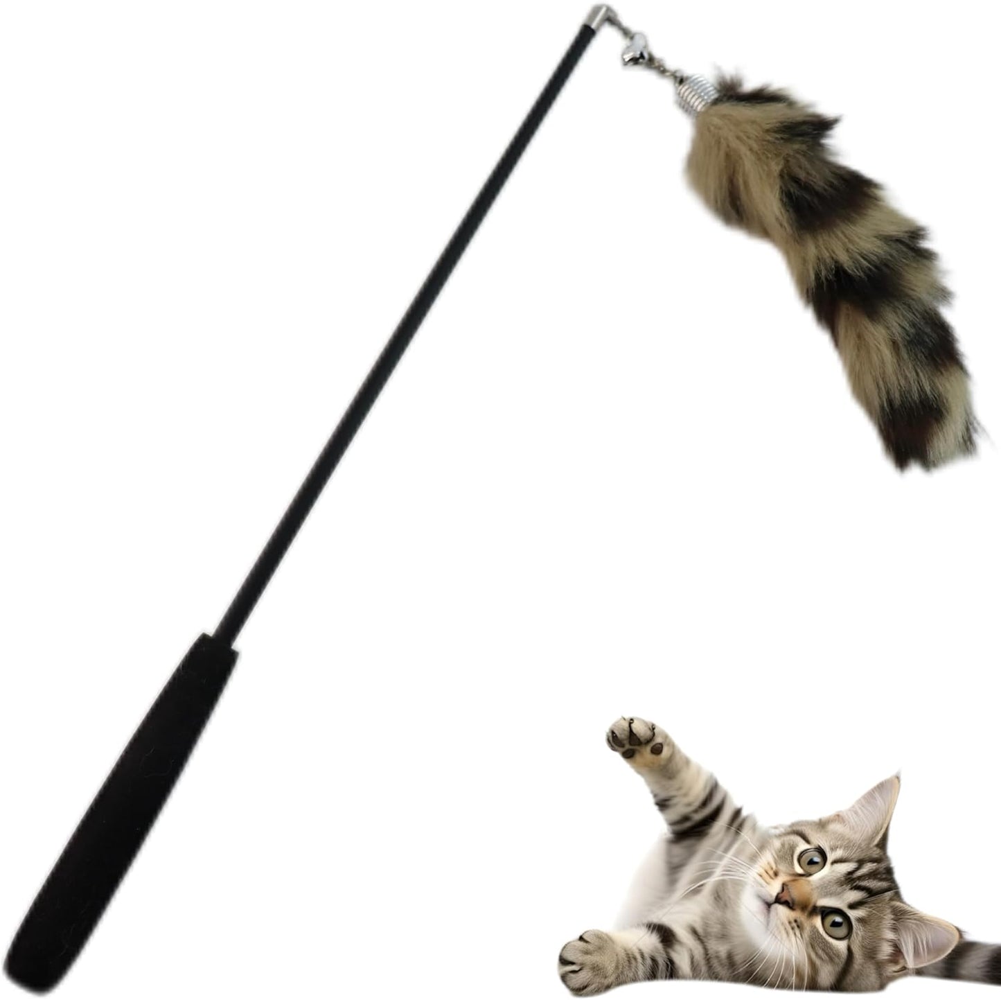 Interactive Cat Wand Toy with Cat Dancer, Retractable Feather Fox Tail Teaser for Indoor Cats, Enrichment Play Kittens to Senior Cats(Moon Grey)