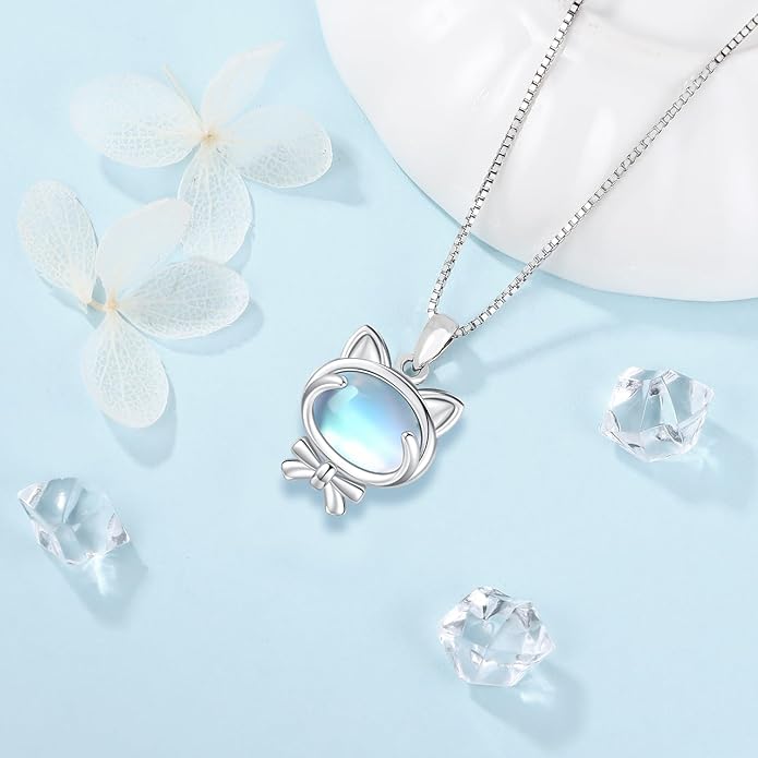 Odinstone Cat Necklace, S925 Sterling Silver Cat on Moon Pendant with Cubic Zirconia, Cat Jewelry Mothers Day Gifts for Mum with Gift Package - I Love You Forever