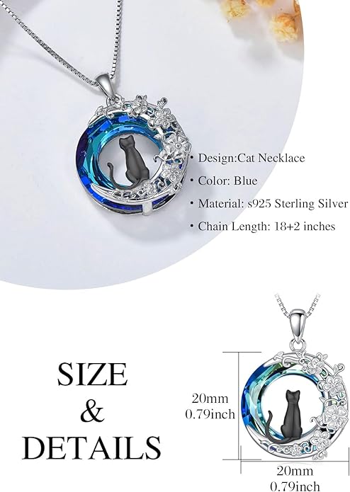 TOUPOP Cat Gifts for Women Sterling Silver Cat Necklaces with Circle Crystal Cat Lovers Jewelry Gifts for Women Girls Birthday Christmas