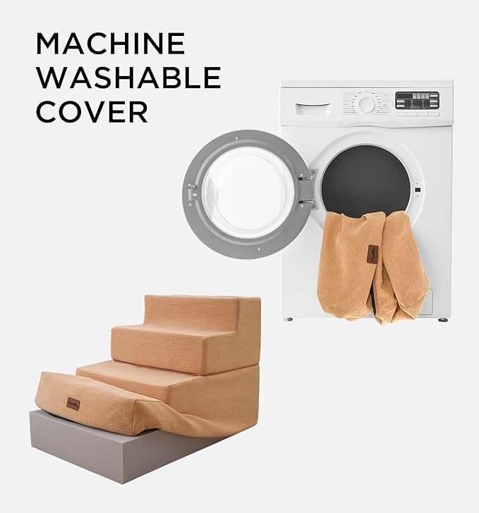 Made4Pets Dog Stairs for High Bed, Extra Wide Pet Stairs for Bed Couch Sofa, 35D Foam Pet Steps for Small Dogs and Cats, Non-Slip Bottom Dog Steps, Tan, 5 Steps