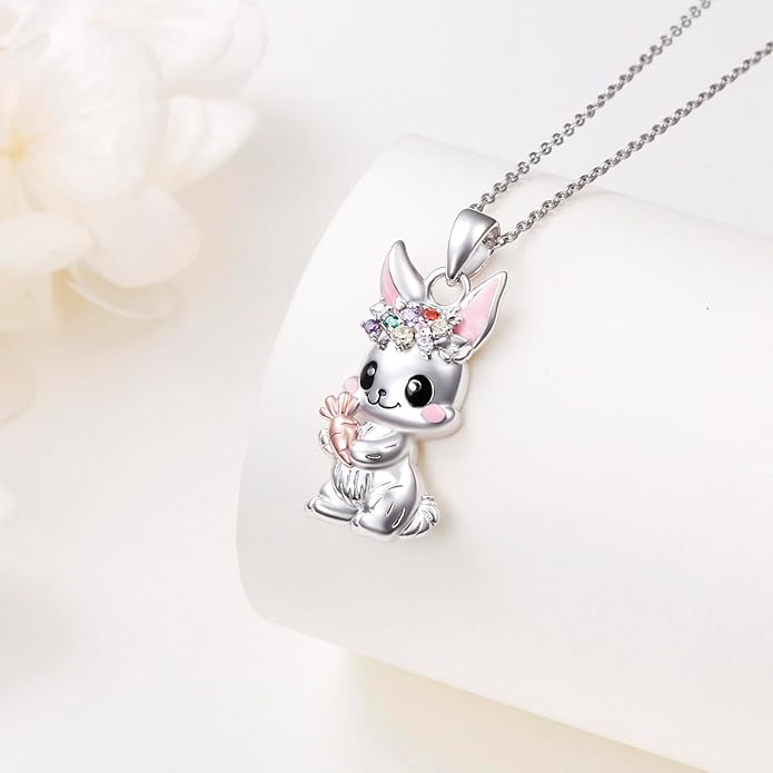 DAOCHONG S925 Sterling Silver Rabbit Cat Bunny Pendant Necklace for Women Jewelry