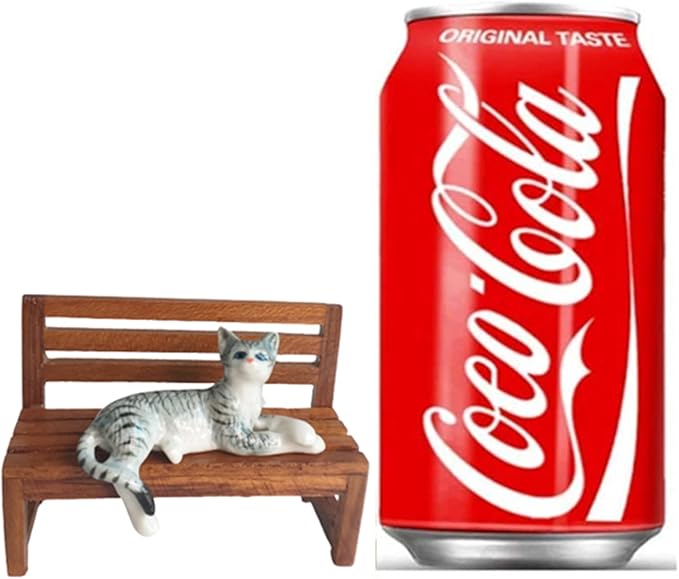 Ceramic Cat Figurine Relaxed Gray Tabby Porcelain Kitten Adorable Pet Kitty Collectible Miniatures Hand Painted Animal with Bench Home Decor or Gift