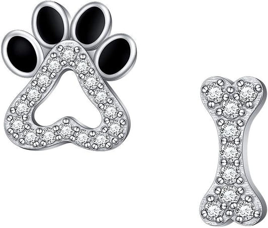 Paw Print Necklace Cat Puppy Paw Earrings Sterling Silver Hypoallergenic Dog Paw and Bone Friendship Cubic Zirconia Paw Set for Women Teen Girls
