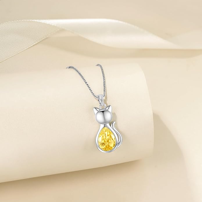 Odinstone Cat Birthstone Necklaces Jewelry Sterling Silver Cat Pendant Necklace Gift for Women Gifts, 18'' Silver Box Chain Women's Birthstone Crystal Cat Jewelry Gifts