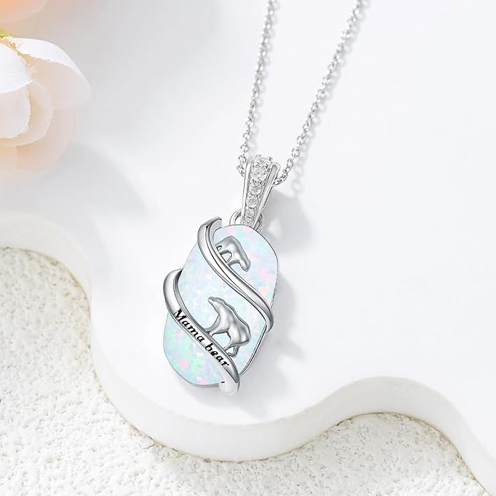 Opal Mama Bear/Panda/Cat/Koala/Sloth/Cardinal/Unicorn Necklace 925 Sterling Silver Opal Animal Pendant Jewelry Birthday Gifts Women Her Mom