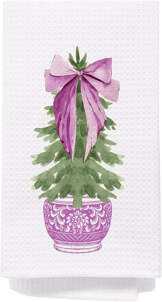SPBL&L Christmas Kitchen Towels, Purple Porcelain Chinoiserie Christmas Tree Hand Towels, Purple Bow Christmas Dish Towels for Kitchen, Christmas Kitchen Bathroom Decor, 16x24 Inch