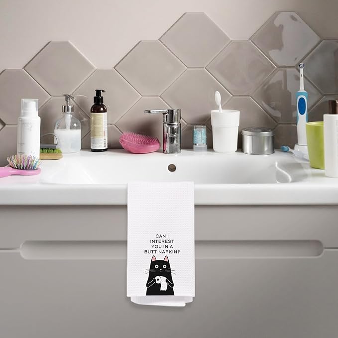 Funny Black Cat Bathroom Hand Towels, Can I Insert You in a Butt Napkin Hand Towels for Bathroom Decor, 16x24 Inch