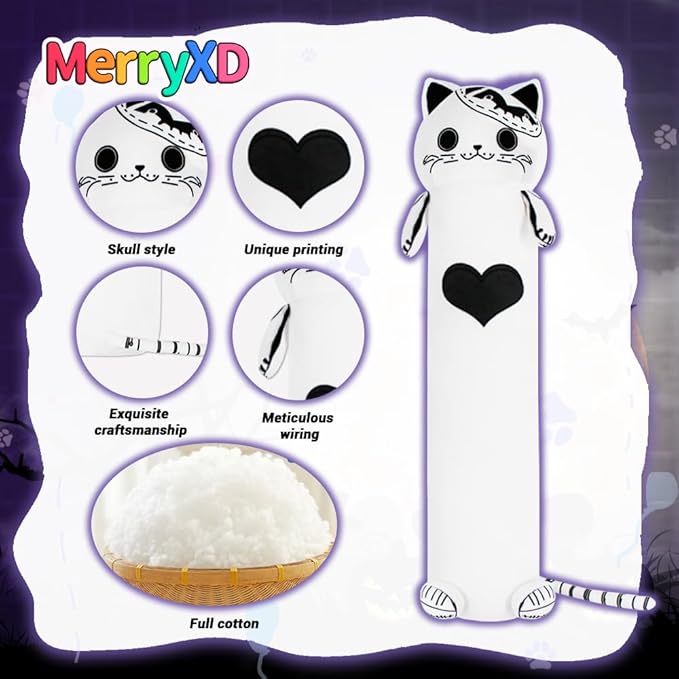 MerryXD Kawaii Long Cat Plush Body Pillow,20”Soft Cute White Stuffed Animals Plushies, Kids Big Doll Toys, Ideal Gifts for Cuddles,Girls,Girlfriend,Boys,Birthday,Christmas,Halloween,Valentine's Day