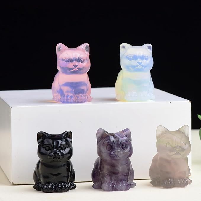 White Opalite Cat Crystal Statues, Healing Crystal Kitty Figurine Decorations, White Cat Gift Lucky Cute Kitten Figurines, Handcrafted Figurine for Home Décor and Spiritual Protection