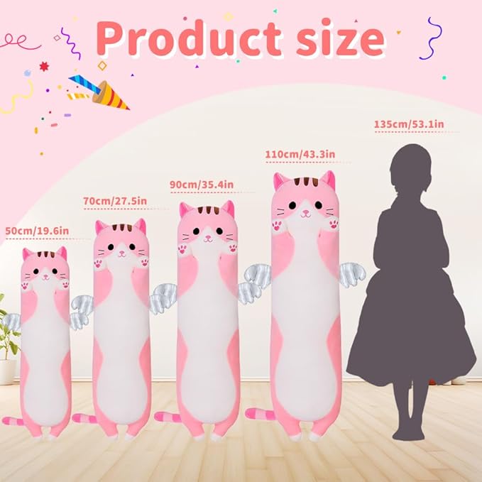 Long Plush Toy Cat Pillow Cute Plush Cat Toy Doll Stuffed Animal Cat Hugging Pillow for Sleeping Gift for Kids and Girls(Pink,70cm/27.5in)