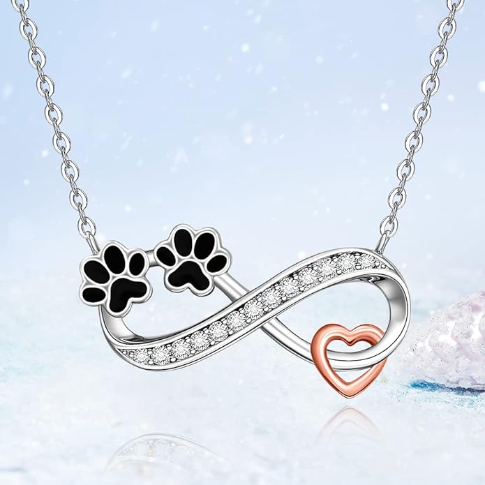 Dog Cat Paw Print Necklace for Women Sterling Silver Infinity Necklaces Memorial Gifts Black Puppy Paw Heart Crystal Pendant