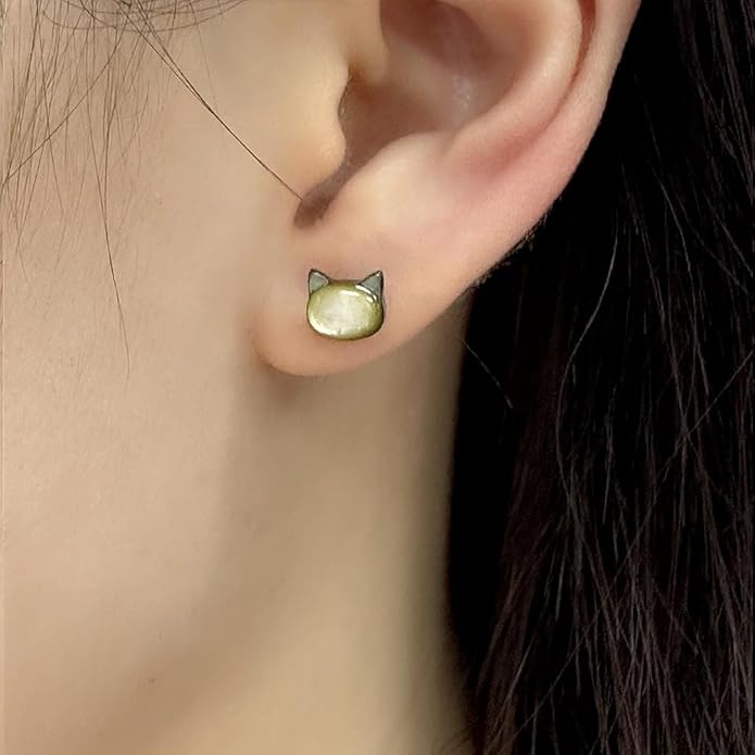 Dainty Shell Pearl Cat Stud Earrings for Women Girls 925 Sterling Silver Hypoallergenic Nickel Free Tiny Small Kitten Animal Studs Cartilage Tragus Post Cute Birthday Halloween Christmas Jewelry Gifts