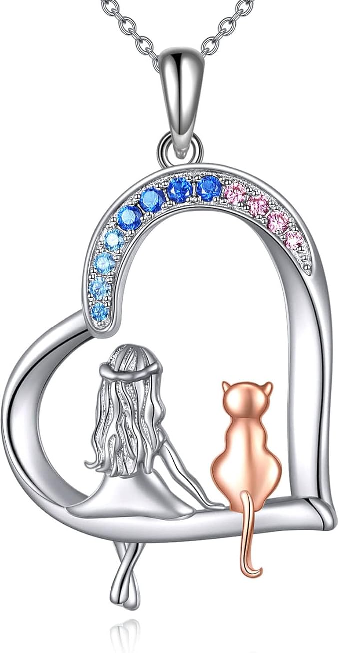 LUHE Cat Necklace Gifts 925 Sterling Silver Cat Heart Pendant Necklace Jewelry for Women