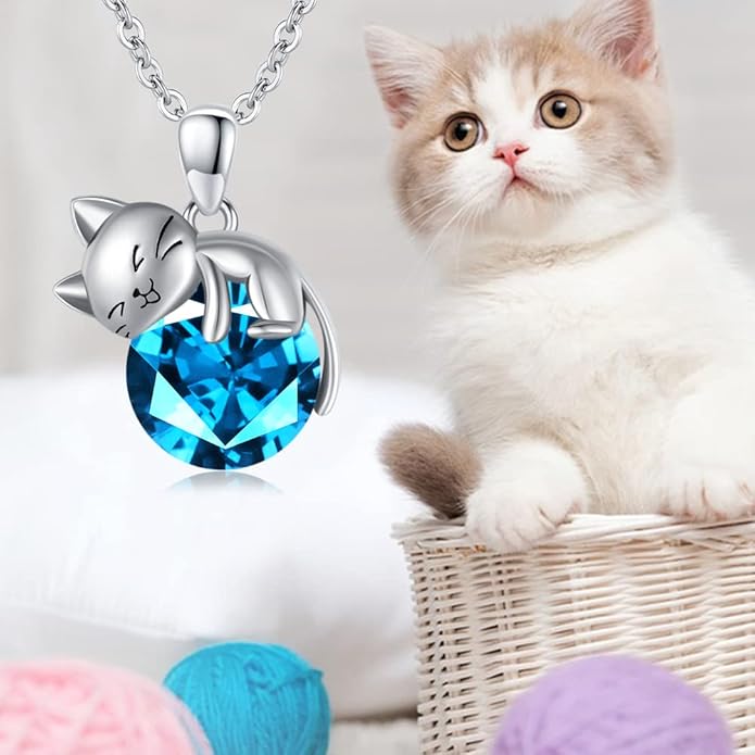 LONAGO Cat Necklace with Birthstone 925 Sterling Silver Cat Pendant Necklace Gift for Women