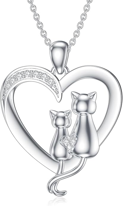 Diamond Cat Necklace for Women 925 Sterling Silver Heart Necklace Cute Cat Necklace Animal Diamond Jewelry Gifts for women Wife Girlfriend (0.065 ct t.w)