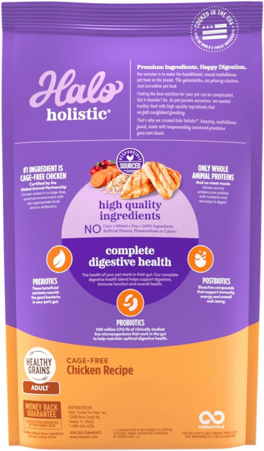 Halo Holistic Cage Free Chicken Cat Food, Healthy Grains Dry Cat Food, Complete Digestive Health, Kibble for Adult Cats, 3 lb Bag