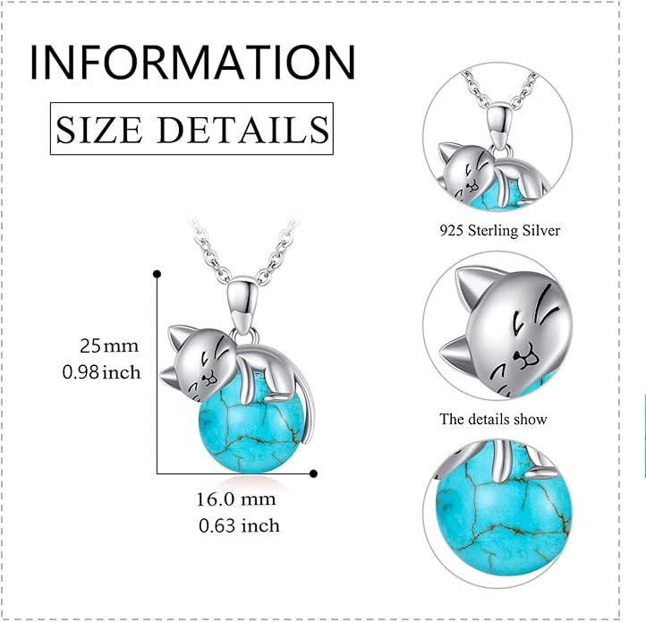 Natural Gemstone Cat Necklace for Women 925 Sterling Silver Cute Kitten Pendant with Genuine Turquoise/Rose Quartz/Amethyst/Larimar/Labradorite/Moss Agate/Blue Sandstone Jewelry Gifts