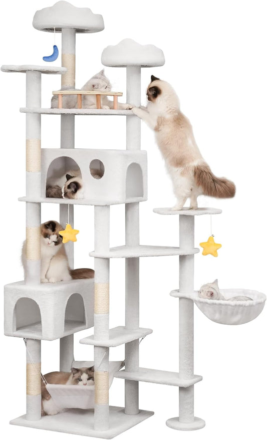 85in Tall Cat Tower for Heavy Duty Big Cats, Large Cat Tree with Scratching Post, Plush Perches, Cozy Cat Condos & Hanging Hammocks for Maine Coon, White