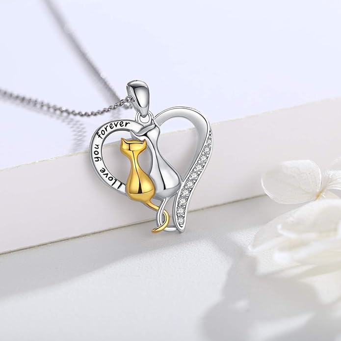 CHENGHONG Cat Necklaces 925 Sterling Silver Jewelry Cute Double Two-Tone Cat Pendant Cubic Zirconia Necklace I love you forever for Cat Lover Jewelry Gifts for Women