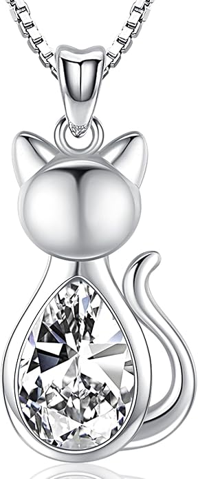 Odinstone Cat Birthstone Necklaces Jewelry Sterling Silver Cat Pendant Necklace Gift for Women Gifts, 18'' Silver Box Chain Women's Birthstone Crystal Cat Jewelry Gifts