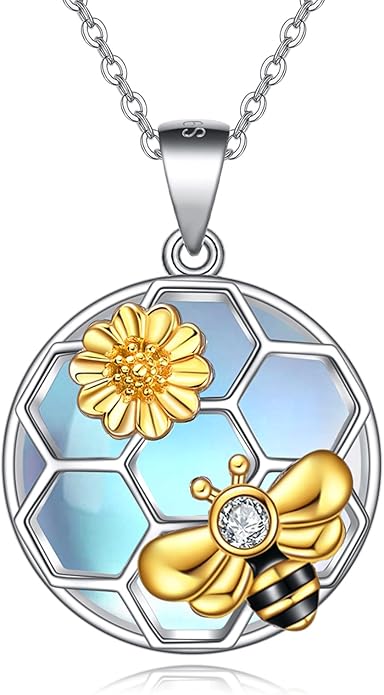 LUHE Bee Necklace 925 Sterling Silver Honeycomb Cute Flower Pendant Necklaces for Women Gifts for Her Women