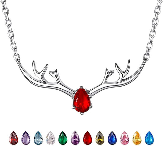 SILVERCUTE Sterling Silver Birthstone Necklaces for Women, Xmas Antler Deer Pendant Necklace with Colorful Cubic Zirconia,16-18 inches