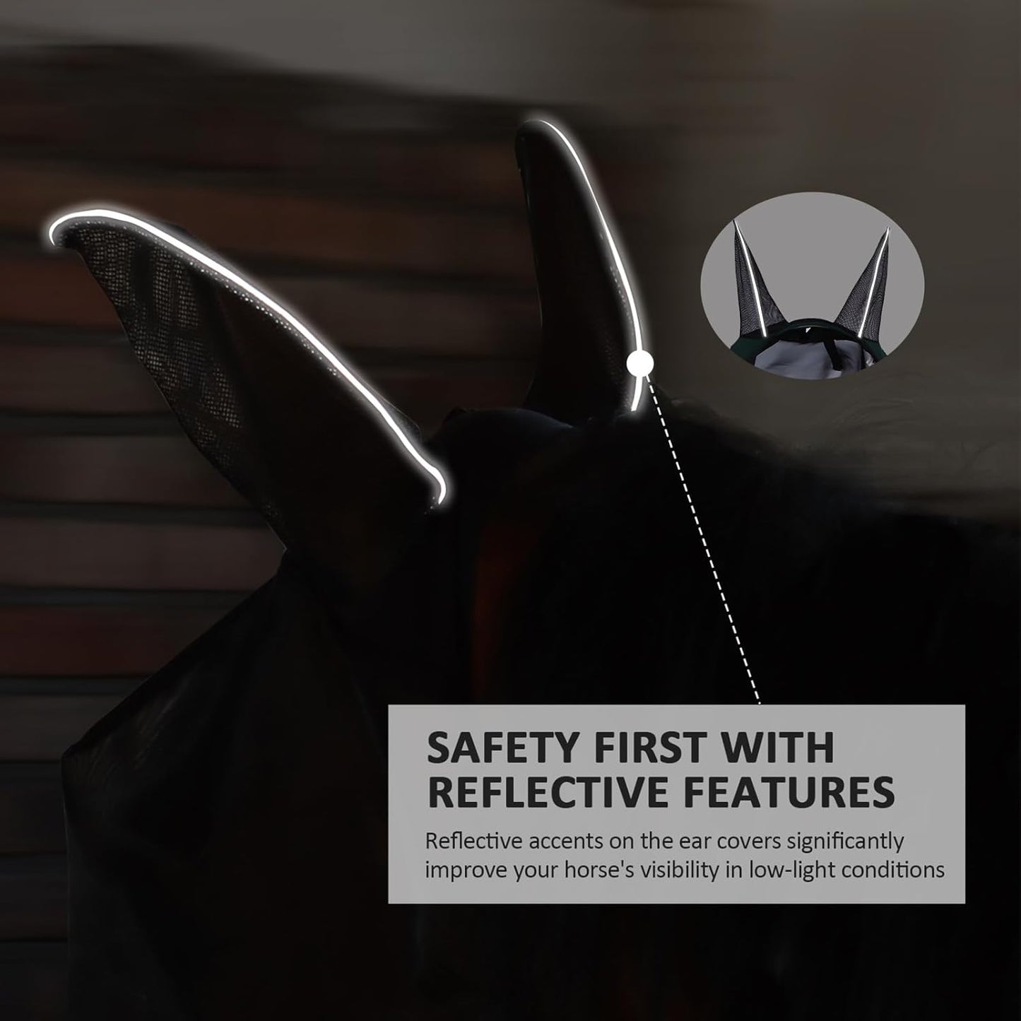 Horse Fly Mask Large Space Breathable UV Protection Equine Mask with Reflective Features on Ears Hunter Green M