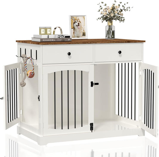BREEZEHEAT 40 inch Dog Crate Furniture-Farmhouse Dog Kennel with Drawers-End Table Wooden Pet Crate, Double Door Design, Decorative Dog House Indoor for Small Medium Large Dog, White