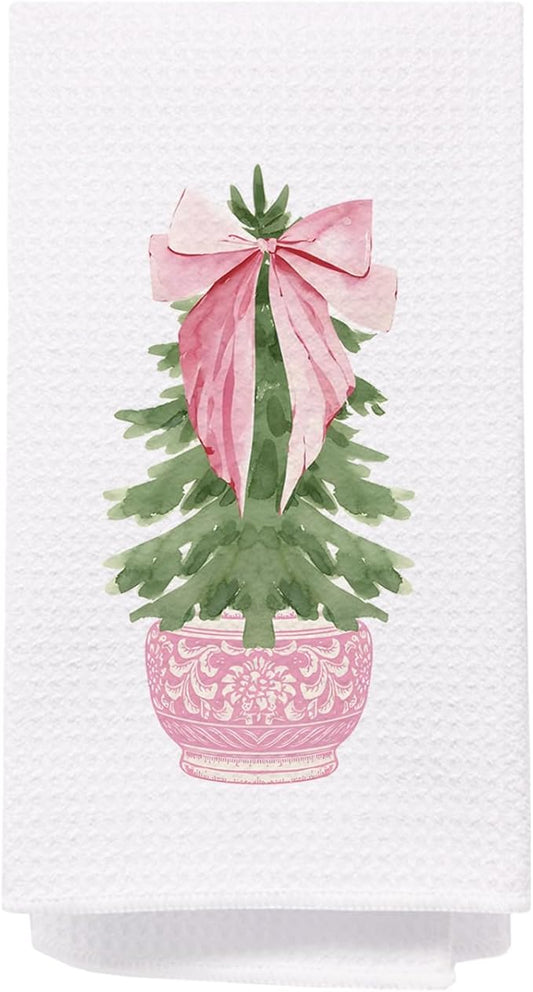 SPBL&L Pink Chinoiserie Kitchen and Bathroom Towels, Bow Coquette Dish Towels, Hand Towels, Grandmillennial Decor, 16x24 Inches