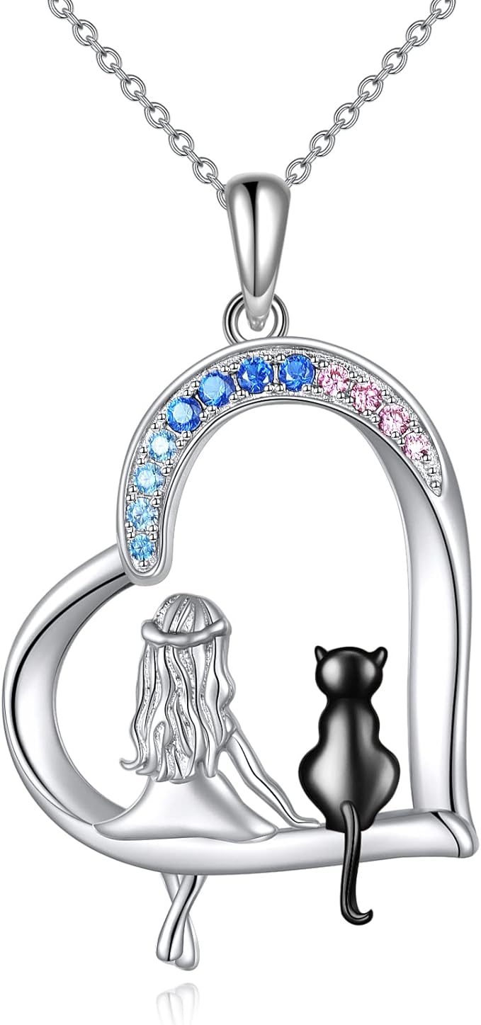 LUHE Cat Necklace Gifts 925 Sterling Silver Black Cat Heart Pendant Necklace Jewelry for Women Daughter