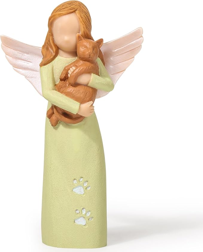 Cat Angel Friendship Statues for Lovers: Hand-Painted Figure - Lime Green Angel and Brown Cat