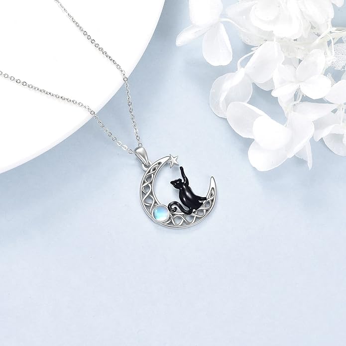 CRMAD Black Cat Necklace for Women Sterling Silver Moonstone Cat Jewelry Irish Gifts