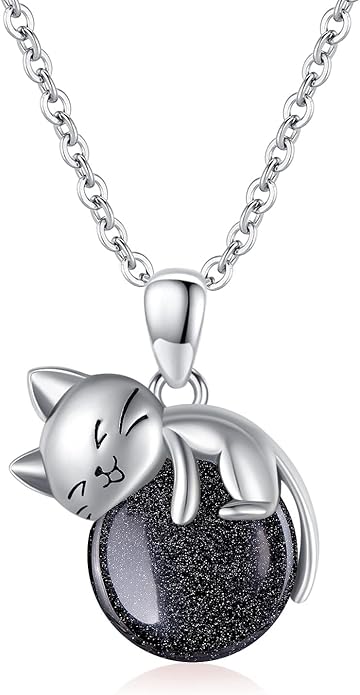 Natural Gemstone Cat Necklace for Women 925 Sterling Silver Cute Kitten Pendant with Genuine Turquoise/Rose Quartz/Amethyst/Larimar/Labradorite/Moss Agate/Blue Sandstone Jewelry Gifts
