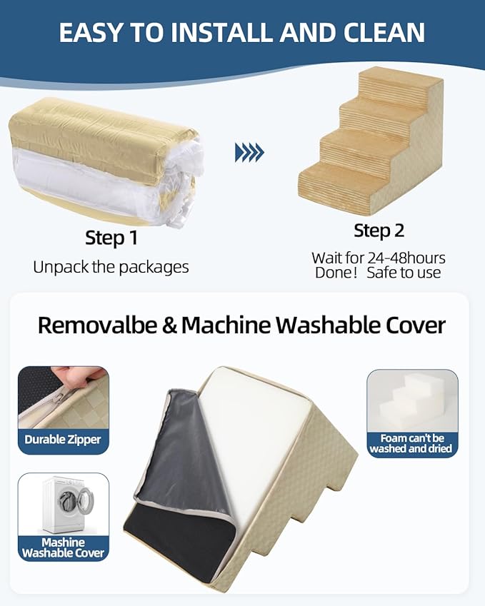 Dog Stairs for Small Dogs,17.5" H,4-Step Dog Steps for Bed and Couch with High Density Foam,Non-Slip Pet Steps for Doggy and Cat,Pet Stairs with a Washable Cover,Khaki