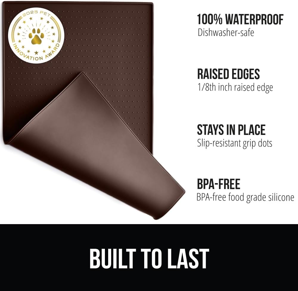 GORILLA GRIP 100% Waterproof Raised Edge BPA Free Silicone Pet Feeding Mat, Dog Cat Food Mats Contain Spills Protects Floors, Placemats for Cats and Dogs Water Bowl, Pets Accessories 23x15 Brown