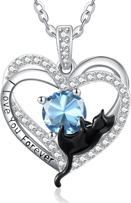 Birthstone Cat Necklaces,925 Sterling Silver Cat Necklace Heart Pendant for Women,Dainty Animal Jewelry for Her,Wedding Anniversary Birthday Gifts for Women Mom Grandma
