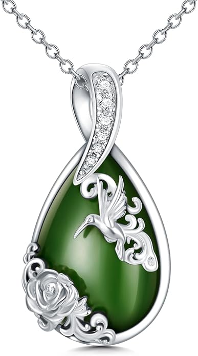 Green Jade Necklace Sterling Silver Teardrop Hummingbird/Dragonfly/Butterfly/Bee/Cat/Cardinal/Owl/Fox/Sloth Natural Jade Jewelry Birthday Mothers Day Christmas Gifts Women Mom Her
