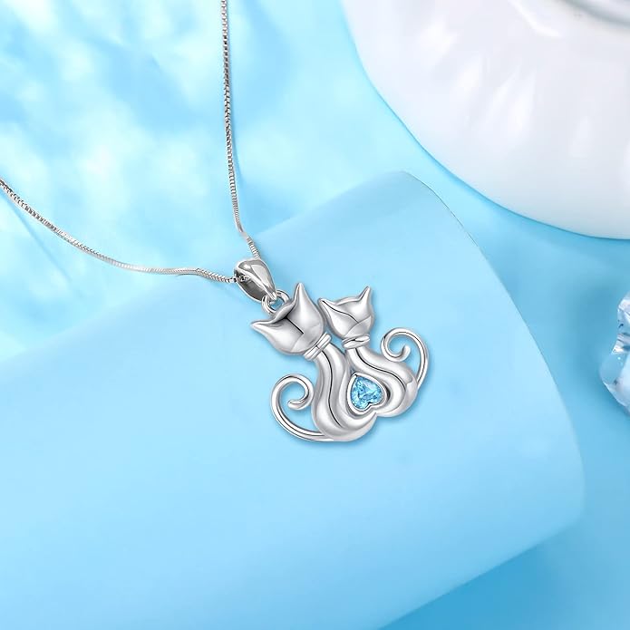 Odinstone Cat Necklace, S925 Sterling Silver Cat on Moon Pendant with Cubic Zirconia, Cat Jewelry Mothers Day Gifts for Mum with Gift Package - I Love You Forever