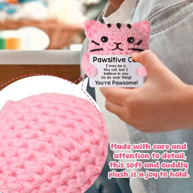 Positive Cat Crochet for Friend Mom Grandma Dad Grandpa Daughter Son Aunt,Pink Cat Gifts for Cat Lover,Emotional Sister Brother Support Small Birthday Gifts Pink