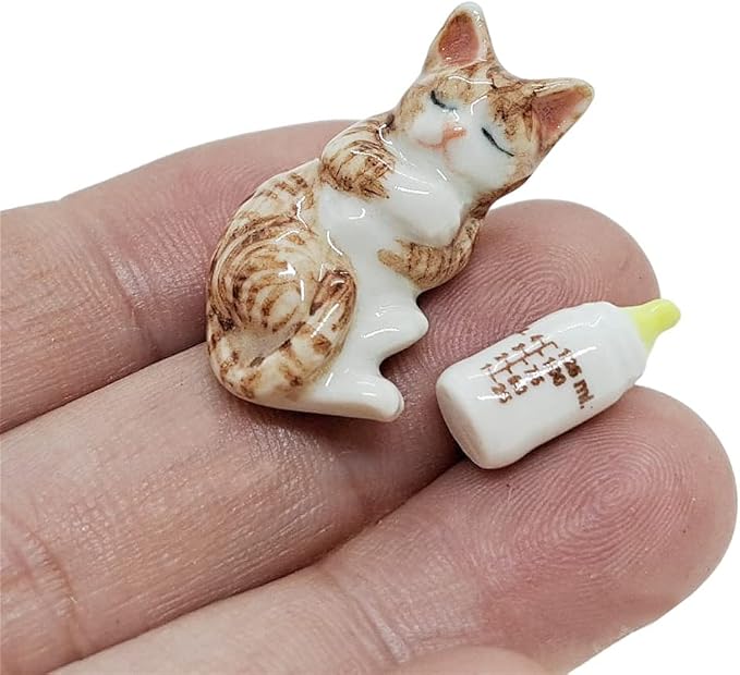 WitnyStore Tiny 1" Long White Brown Tabby Cat Sleeping with Baby Bottle - Miniature Hand Made Painted Ceramic Cats Kitten Feline Animal Cute Porcelain Decorative Collectible Figurines Décor Gifts