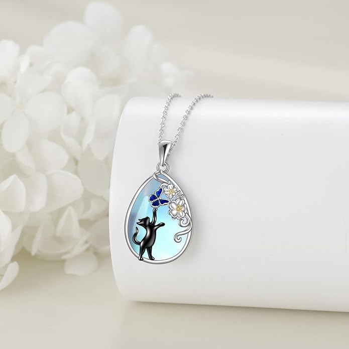 KQF Cat/Dragonfly/Owl/Angel Wings Necklace for Women Sterling Silver Moonstone Pendant Necklaces Animal Jewelry Mother'S Day Gifts for Cat Lover Teen