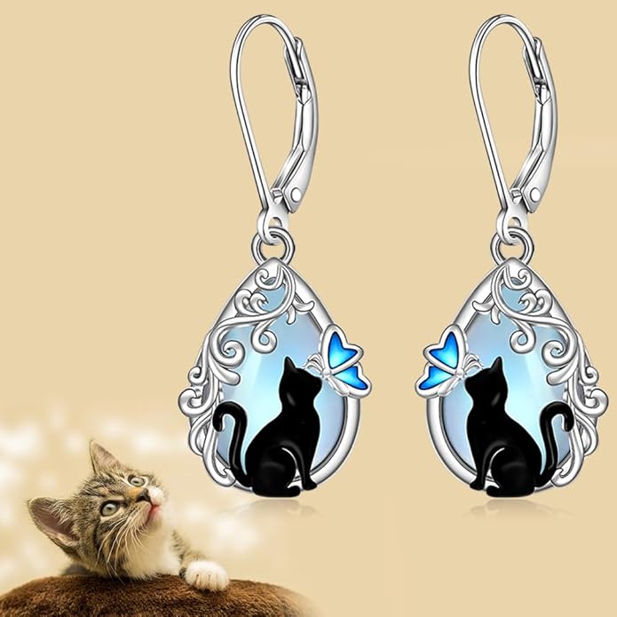 Cat Earrings Moonstone Black Cat Earrings for Women Sterling Silver Cute Filigree Cats Butterfly Dangle Drop Earring Jewelry Leverback Halloween Christmas Gifts